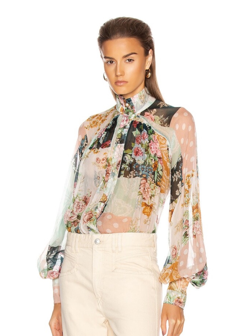 Zimmermann Multicolor Floral Patchwork Blouse in Pink, Mint & Black